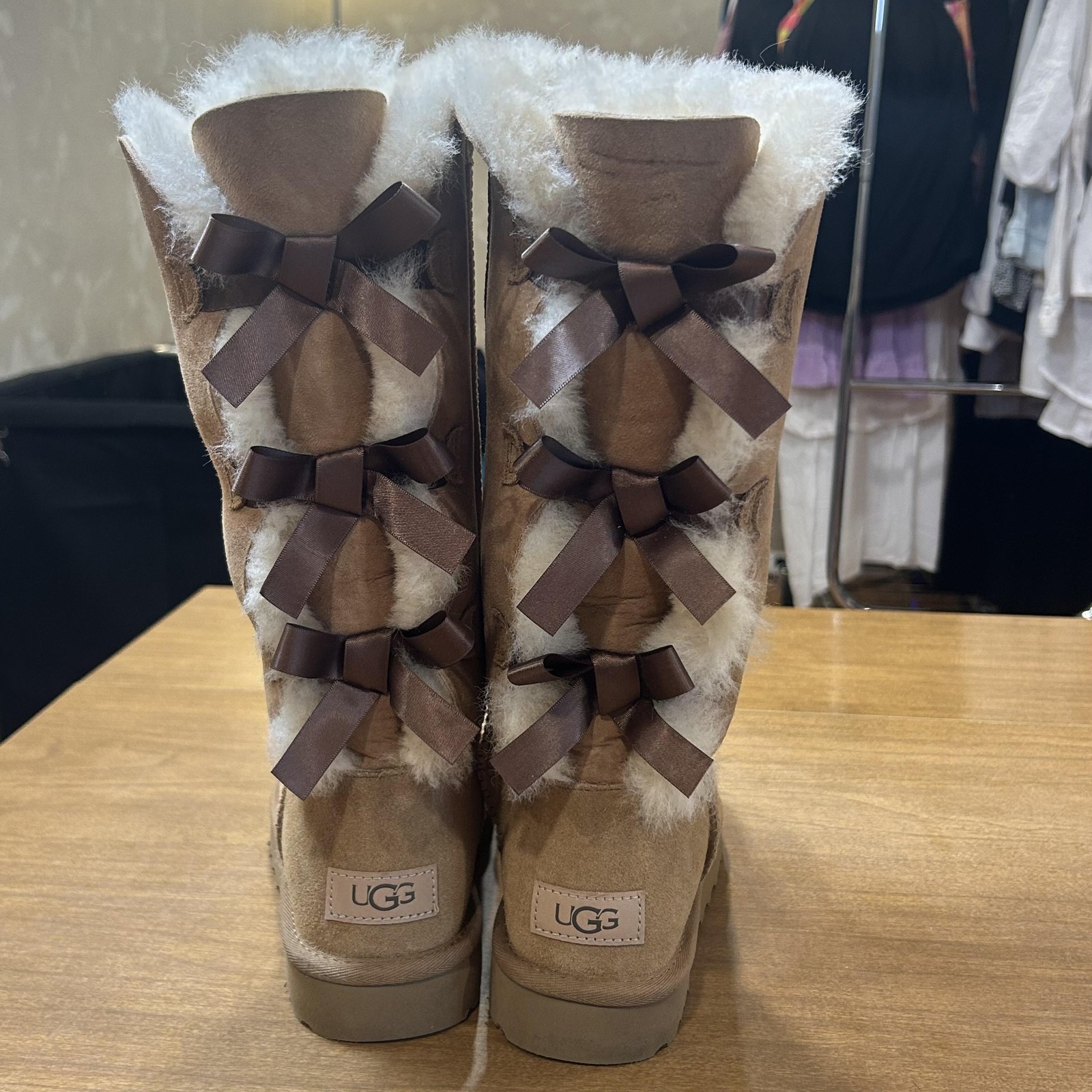 UGG Boots Womens Size 7 Brown Suede Shearling Bow Mid Calf Winter Fur Lined