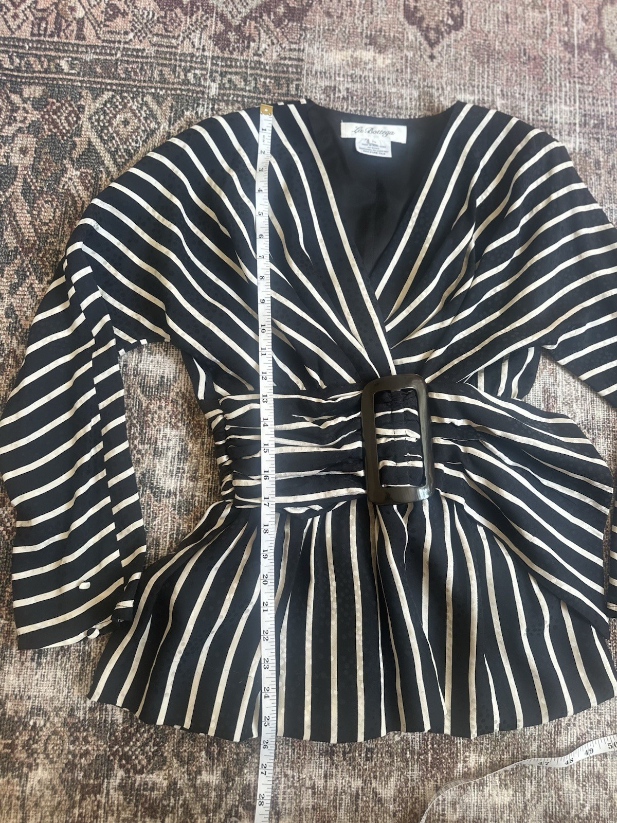 La Bottega Black & White Striped 100% Silk Belted Buckle Blouse Long Sleeve 10