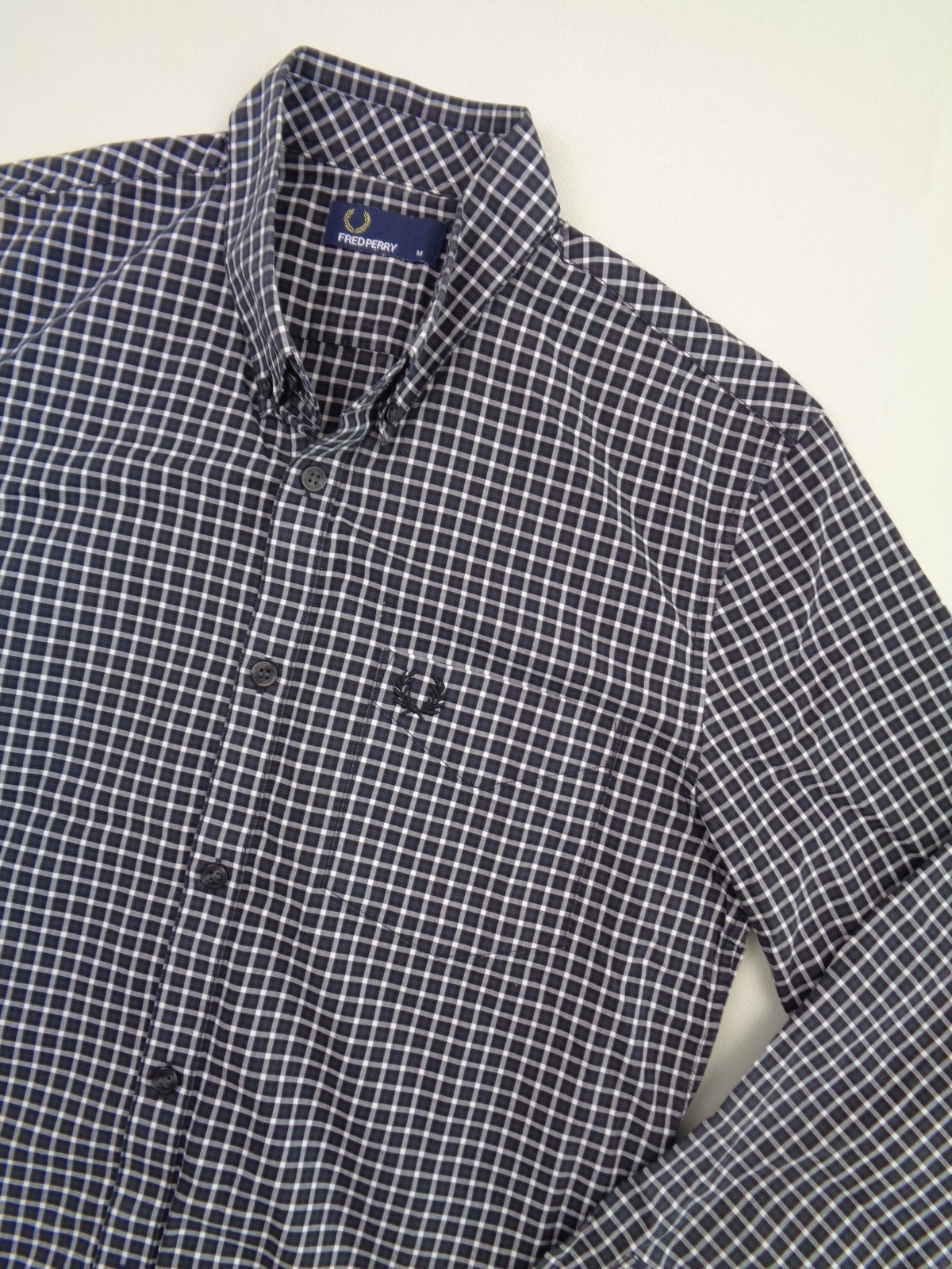 Fred Perry Shirt Mens Medium Black Check 100% Cotton Embroidered Logo Mod