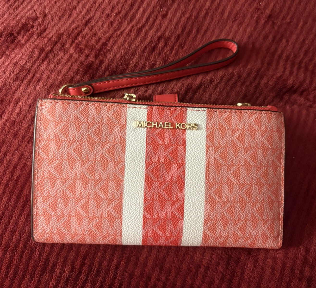 Michael Kors Coral & White Striped Logo Zip Wristlet Wallet w/ Credit Card Slots