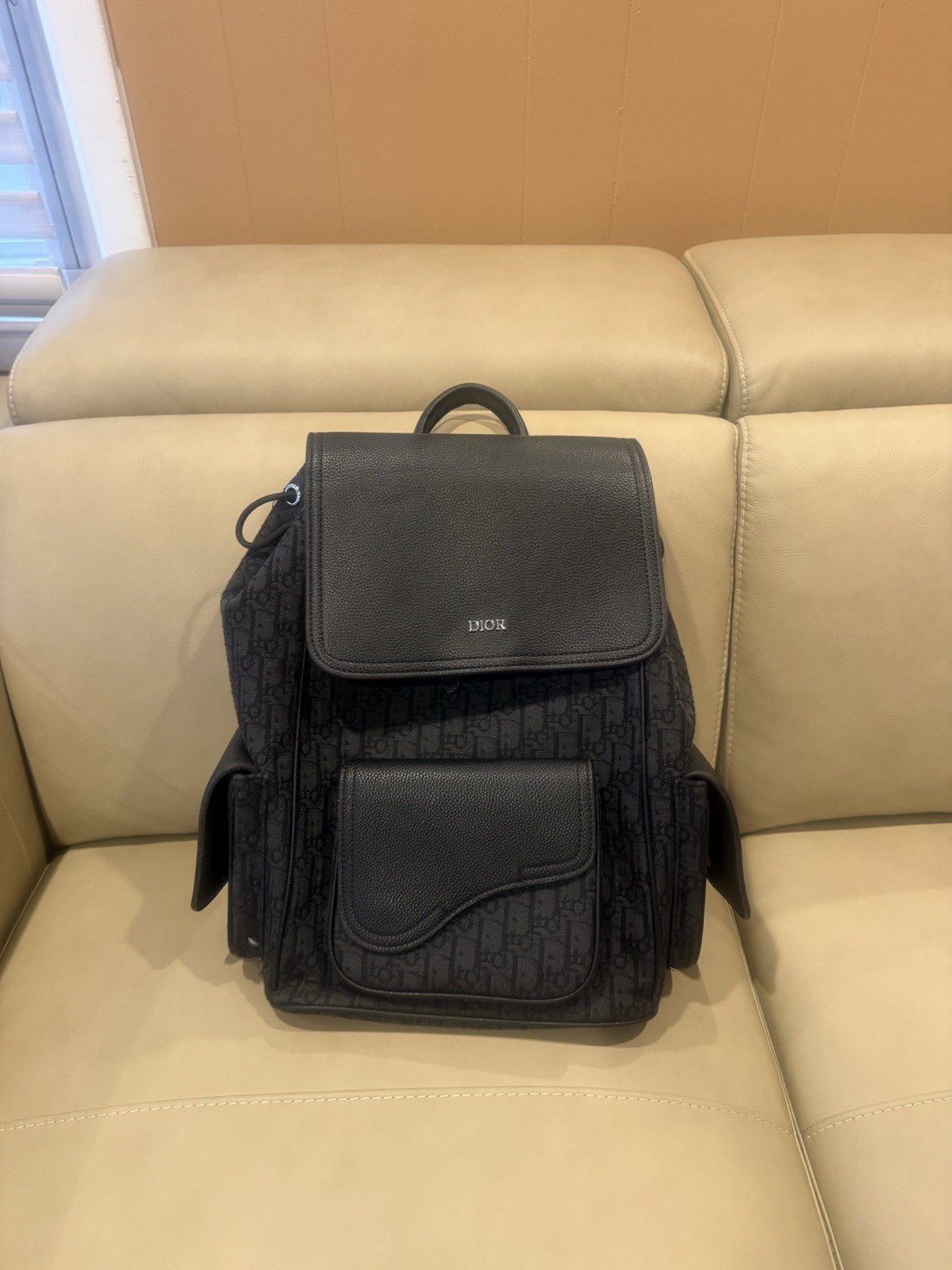 Dior Black Backpack Drawstring Flap Top Front Pocket