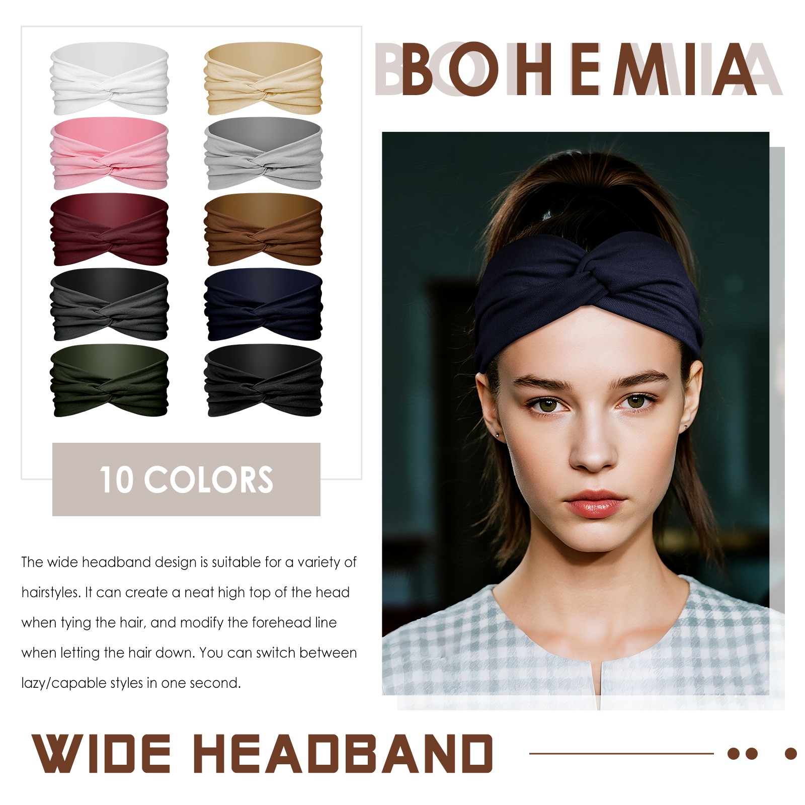 10pcs Women’s Bohemian Wide Elastic Headbands Yoga Running Sports Hairbands