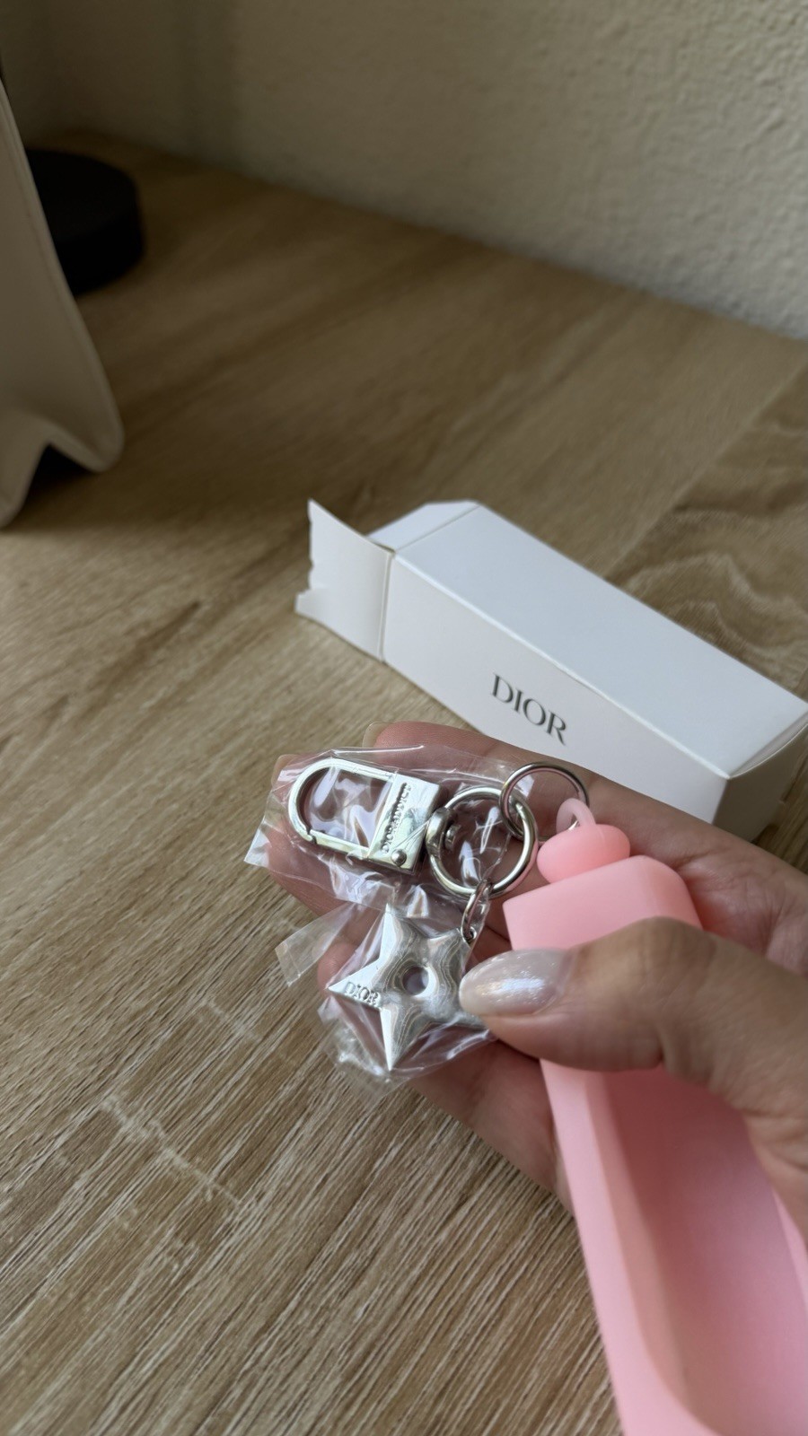 Dior Pink & Silver Star Charm Keyring Logo Accent Detachable Plastic Metal