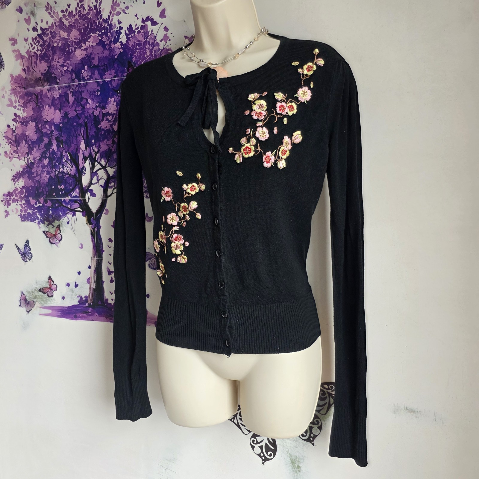 Dancing Days by Banned Retro Cardigan Black Embroidered Floral Blossom 12 14
