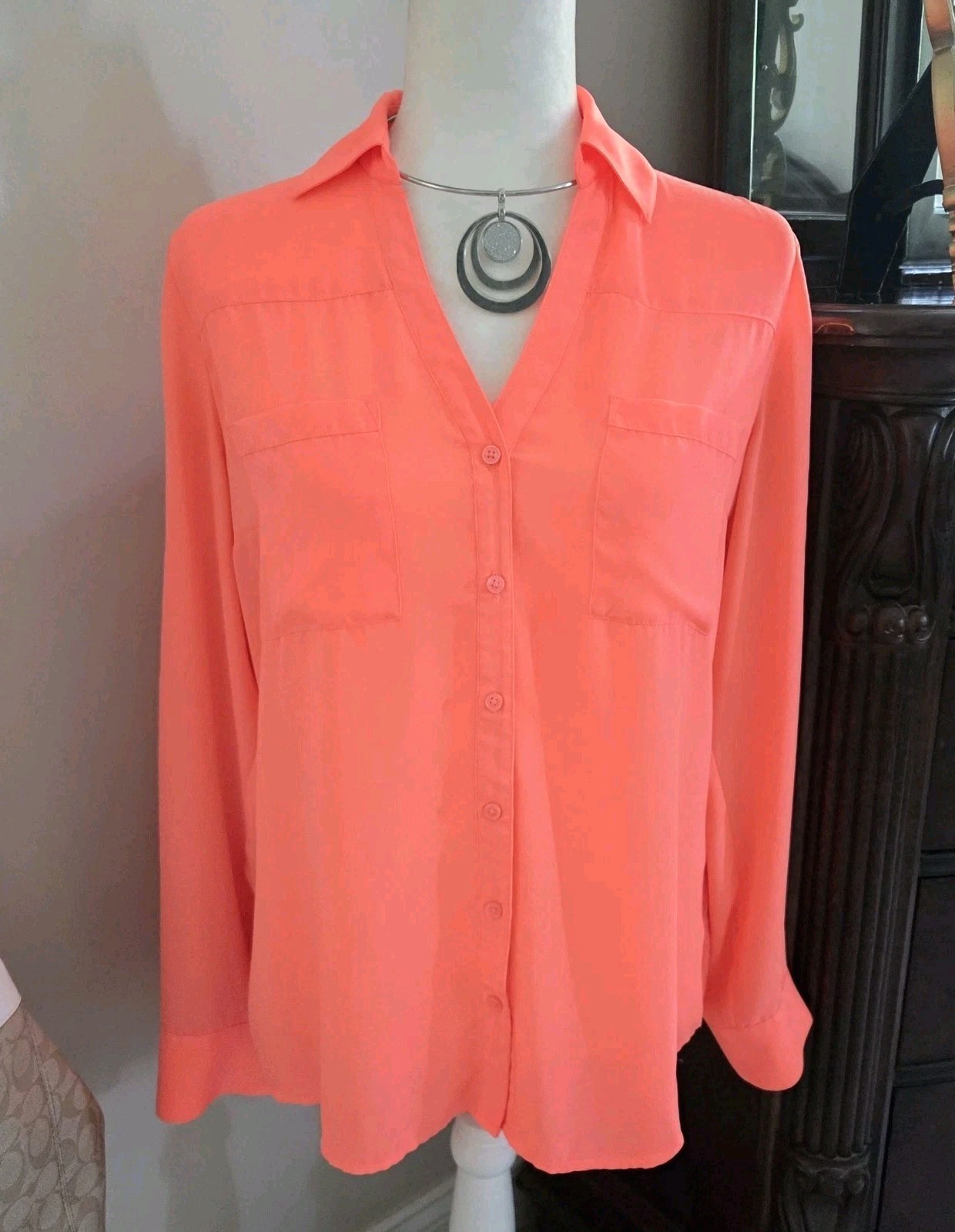 Express Bright Orange Portofino Button Down Roll Tab Sleeve Blouse Top Size Med