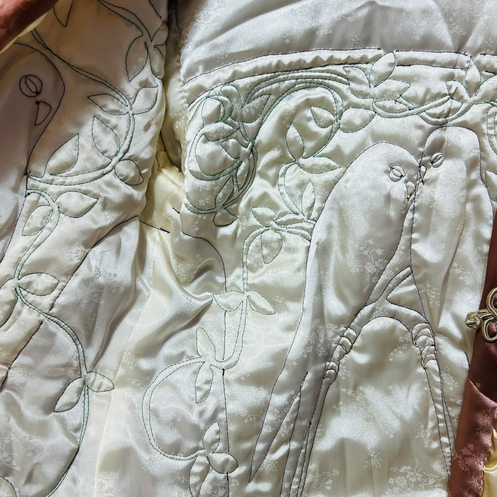 VTG Valery Guignon Hand Painted Silk Quilt Jacket Sz M Wearable Art Birds Signed