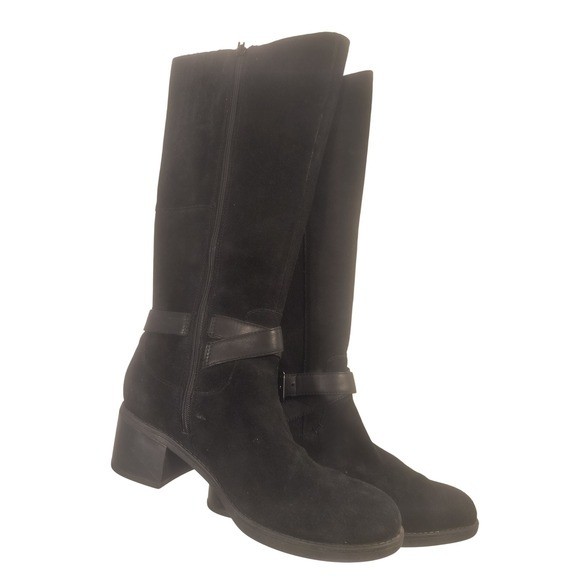 Clarks Black Suede Leather Knee High Boots Buckle Strap Stacked Heel Size 7
