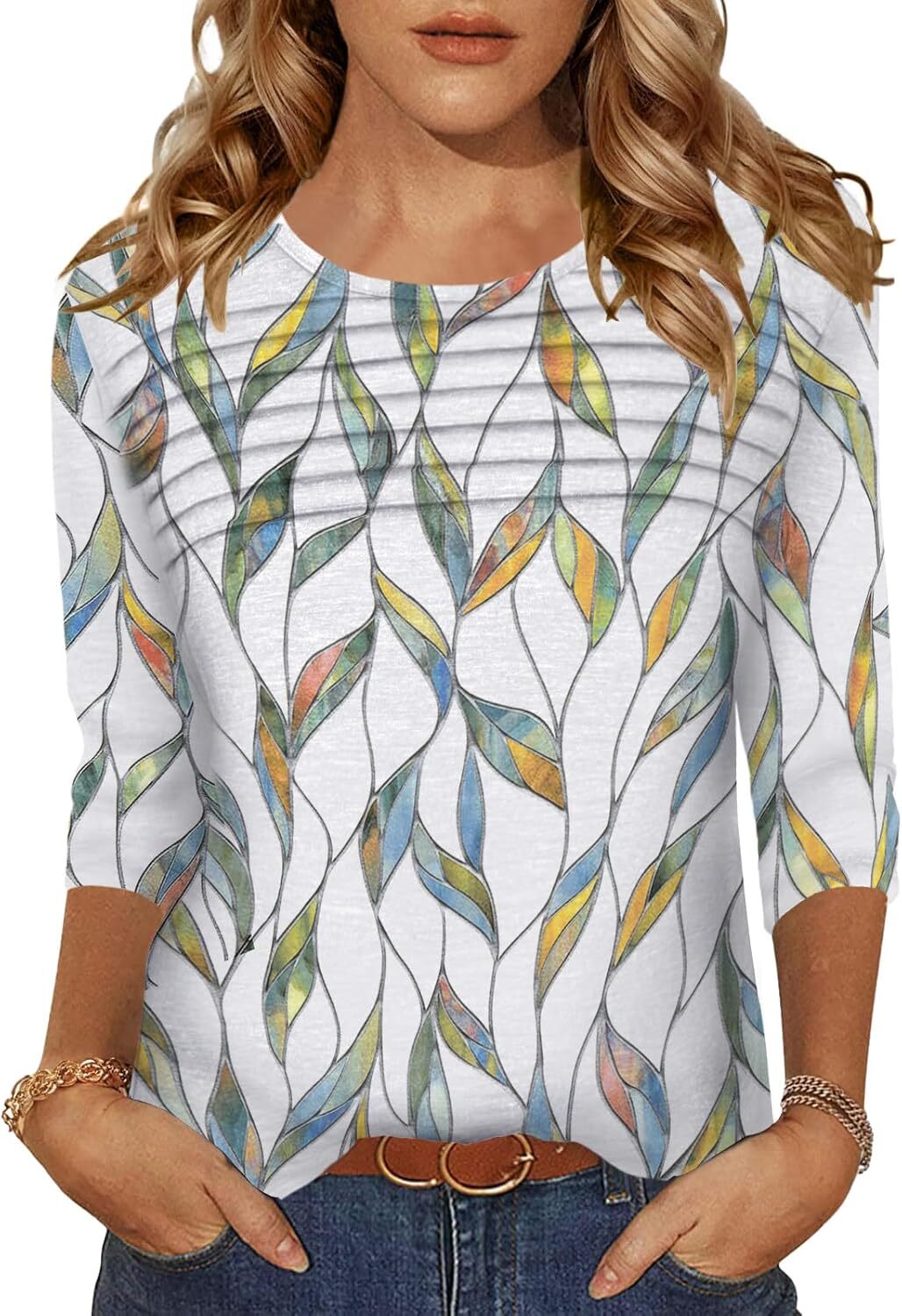 Pleated 3/4 Sleeve Womens Blouse Crew Neck Lightweight Casual Top S-XXL Summer