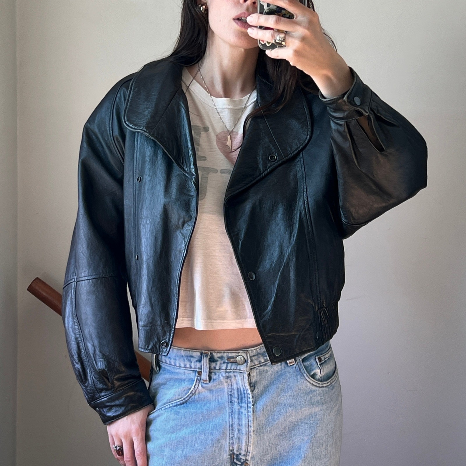 Vintage 80s Leather Jacket Black Cropped Statement Bomber Moto Biker 90s