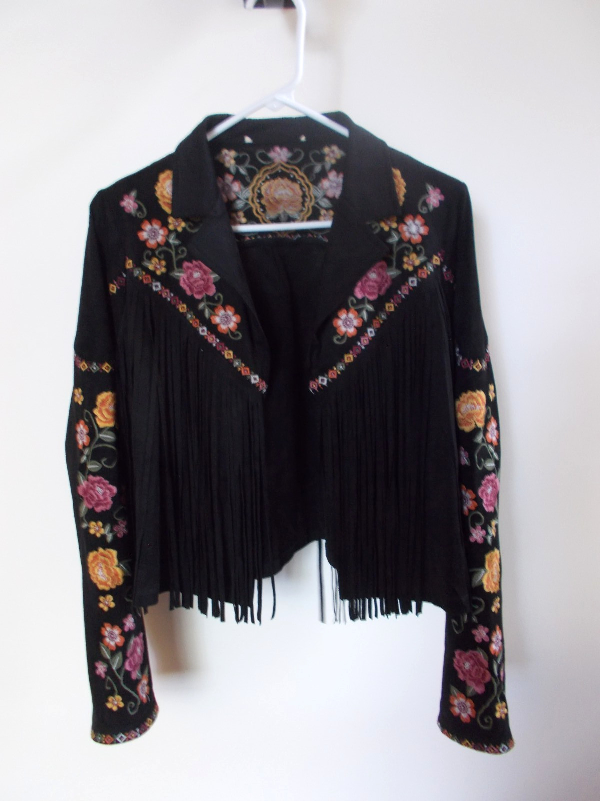 Savanna Jane Faux Suede Black Embroidered Jacket Fringe Flowers sz S M