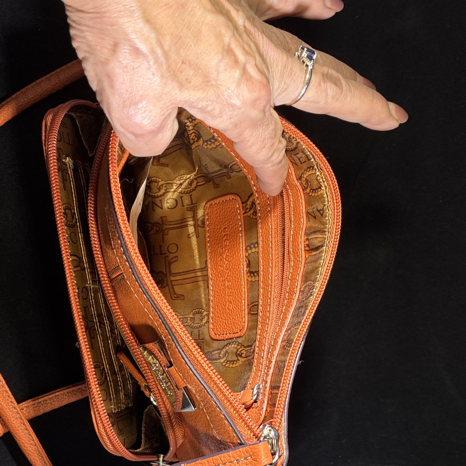 Tignanello Orange Pebbled Logo Crossbody Bag, Silver Hardware, Zip, Strap