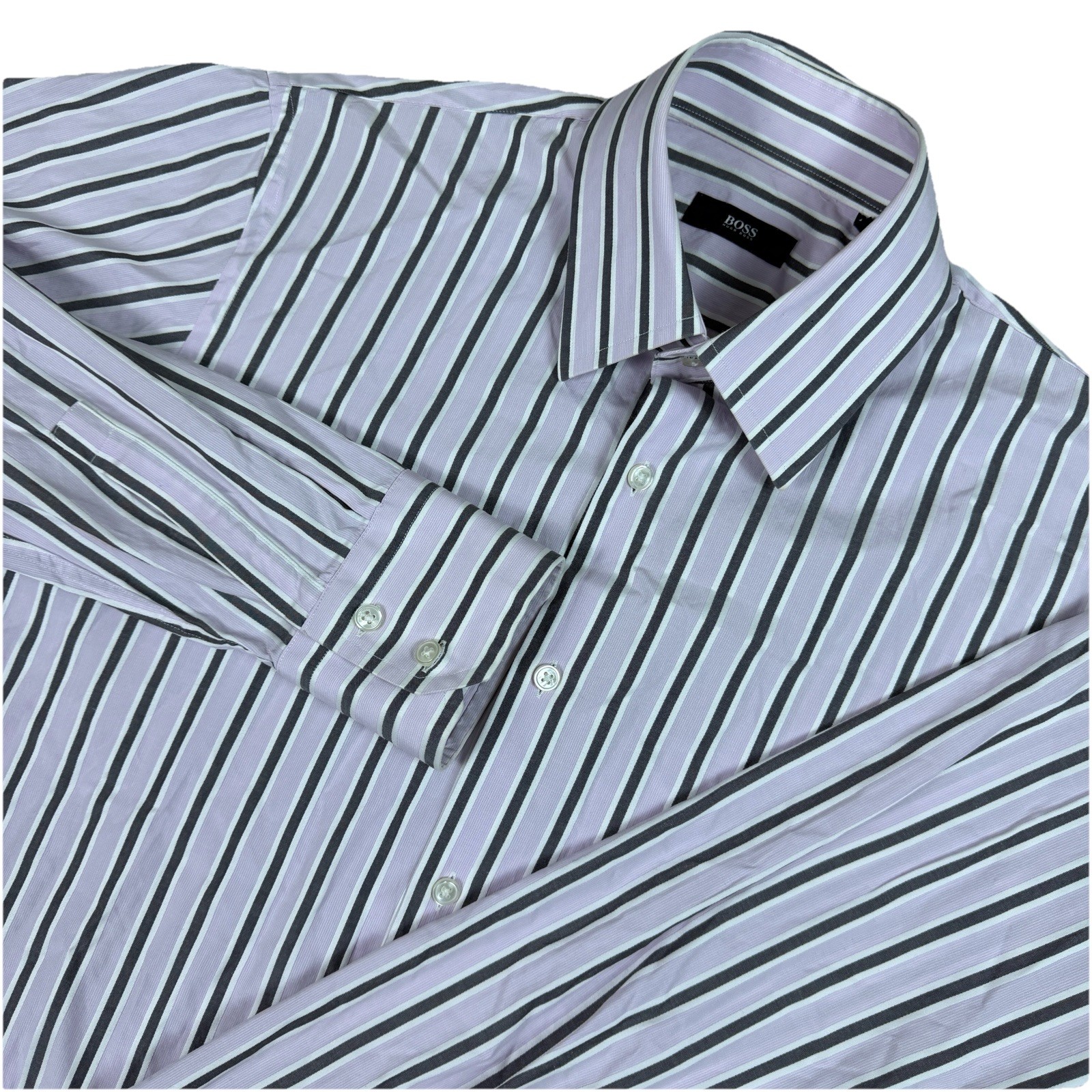 BOSS Hugo Boss Mens 15.5 34/35 Purple Striped Cotton Regular Fit Dress Shirt