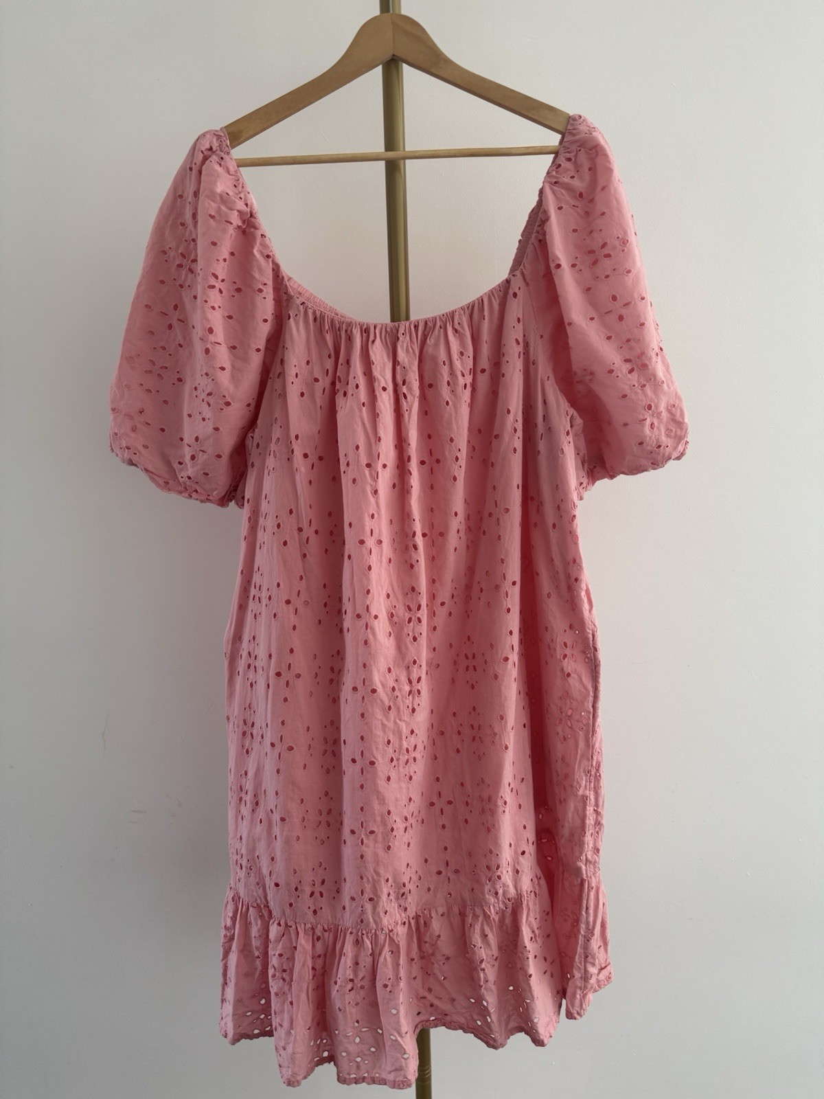 F&F Pink Broderie Anglaise Summer Dress UK 20 Puff Sleeve Cotton Off Shoulder