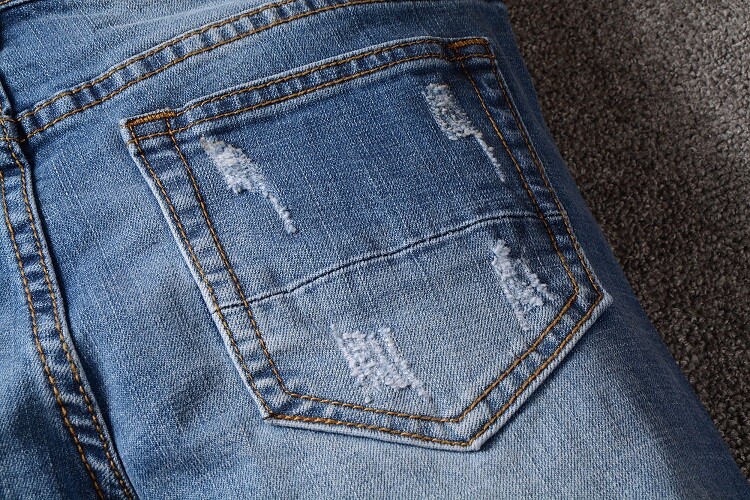Mens Retro Ripped Slim Pleated Denim Jeans Classic Motorcycle Style Blue Stretch