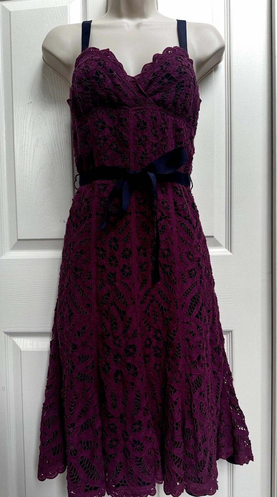 Betsey Johnson 1990s SZ 4 Purple Crochet Lace Overlay Over Navy Silk Navy Trim