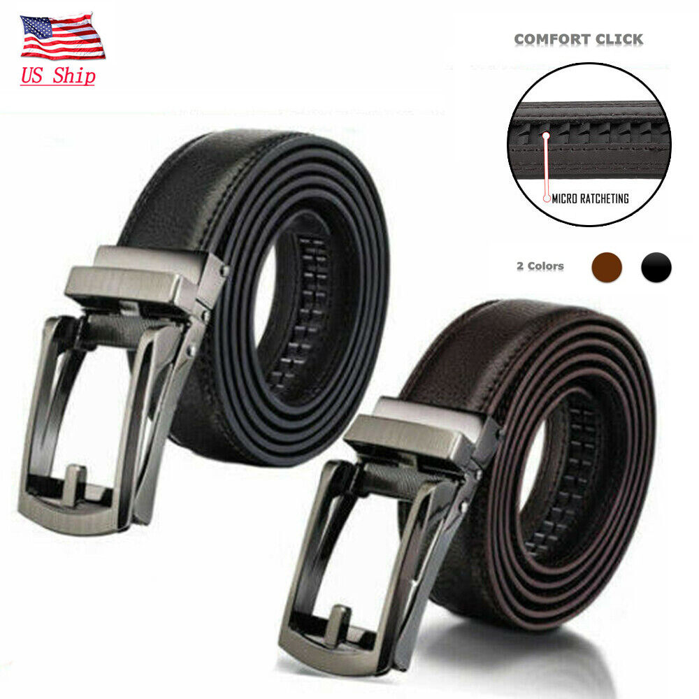 US Men’s Click Lock Belt Leather Automatic Buckle Lock Durable Belt 28″-48″