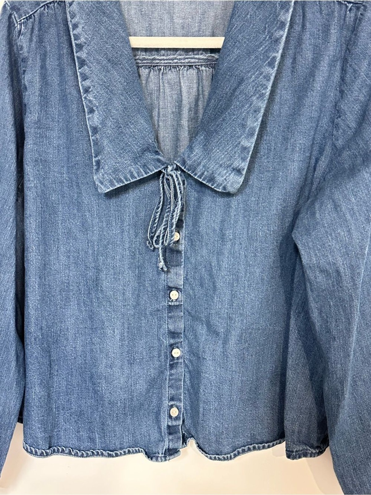 Old Navy Light Blue Chambray Denim Peter Pan Tie-Neck Button Front Blouse Large