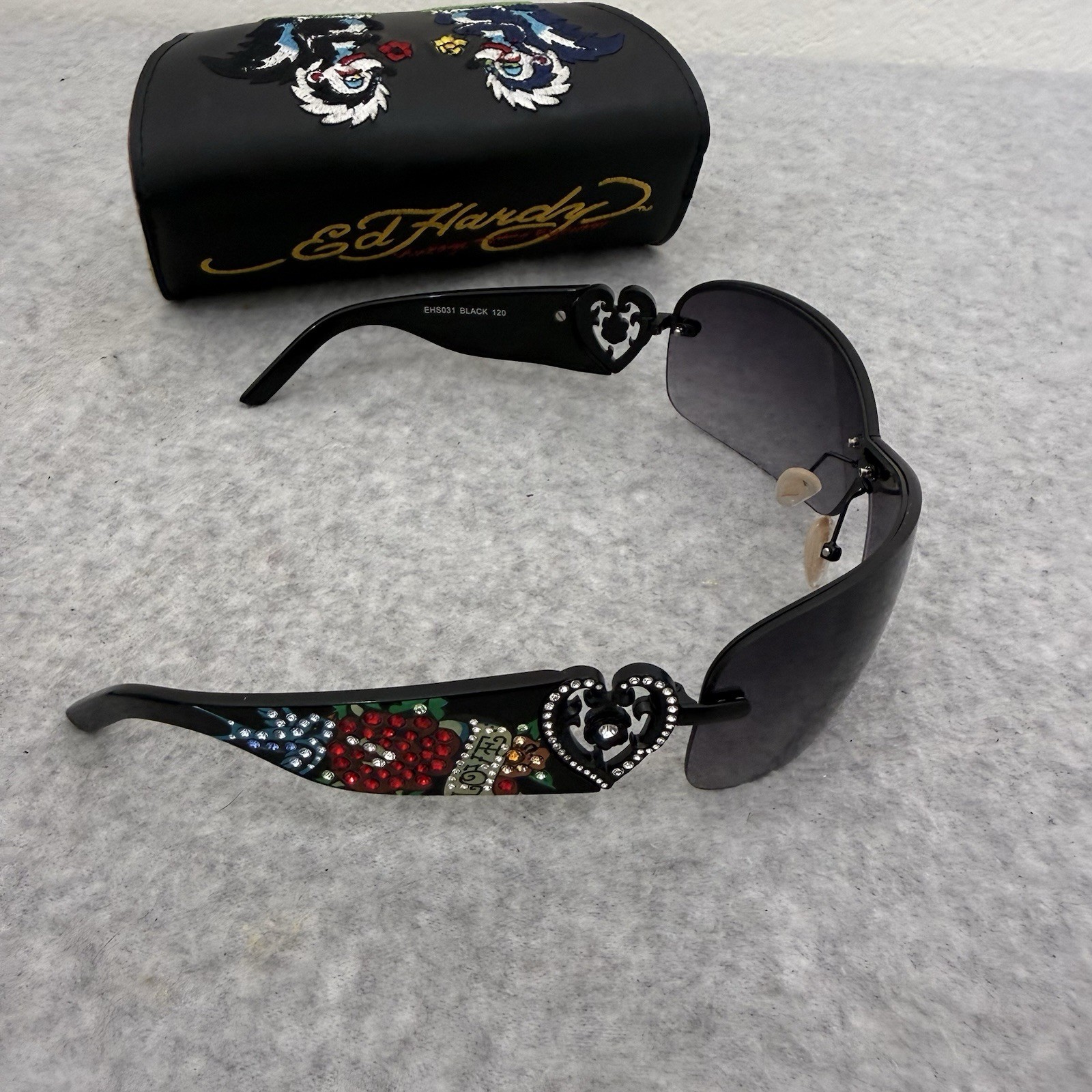 Ed Hardy Sunglasses EHS-031 Skunk Black Rhinestone Glasses With Case