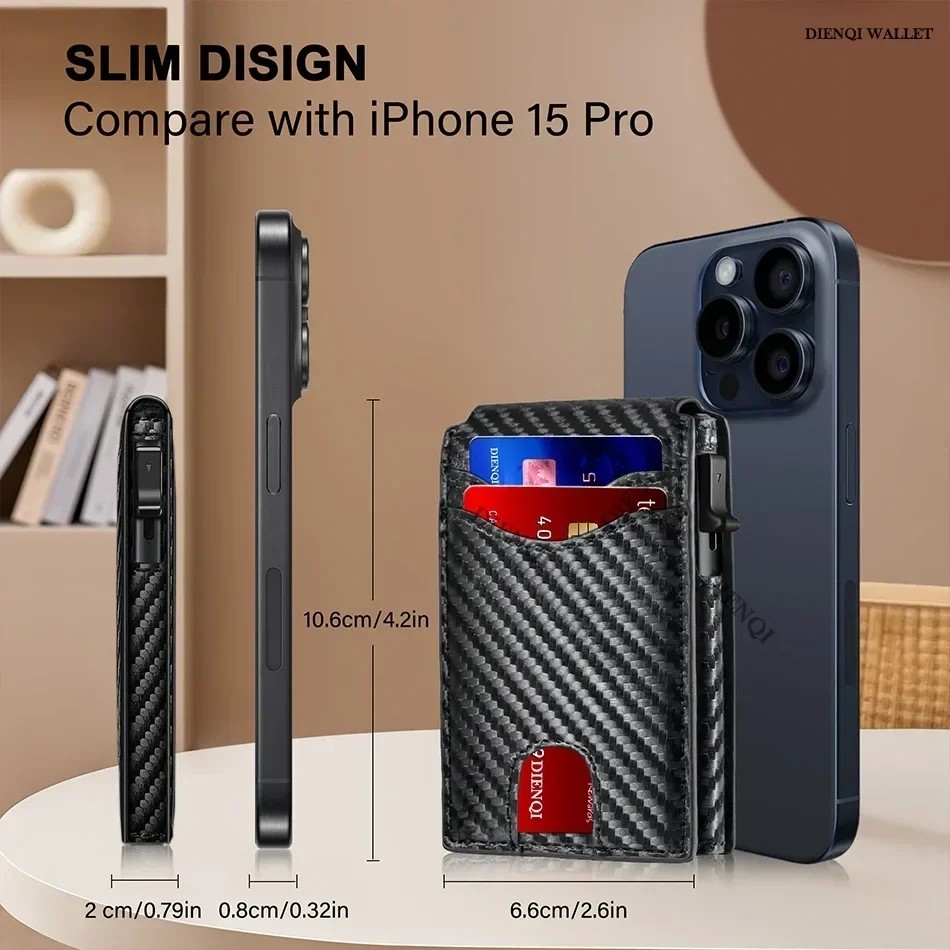 Men’s Slim PopUp Bifold Carbon Fiber Wallet, RFID Blocking, Money Clip, Men Gift