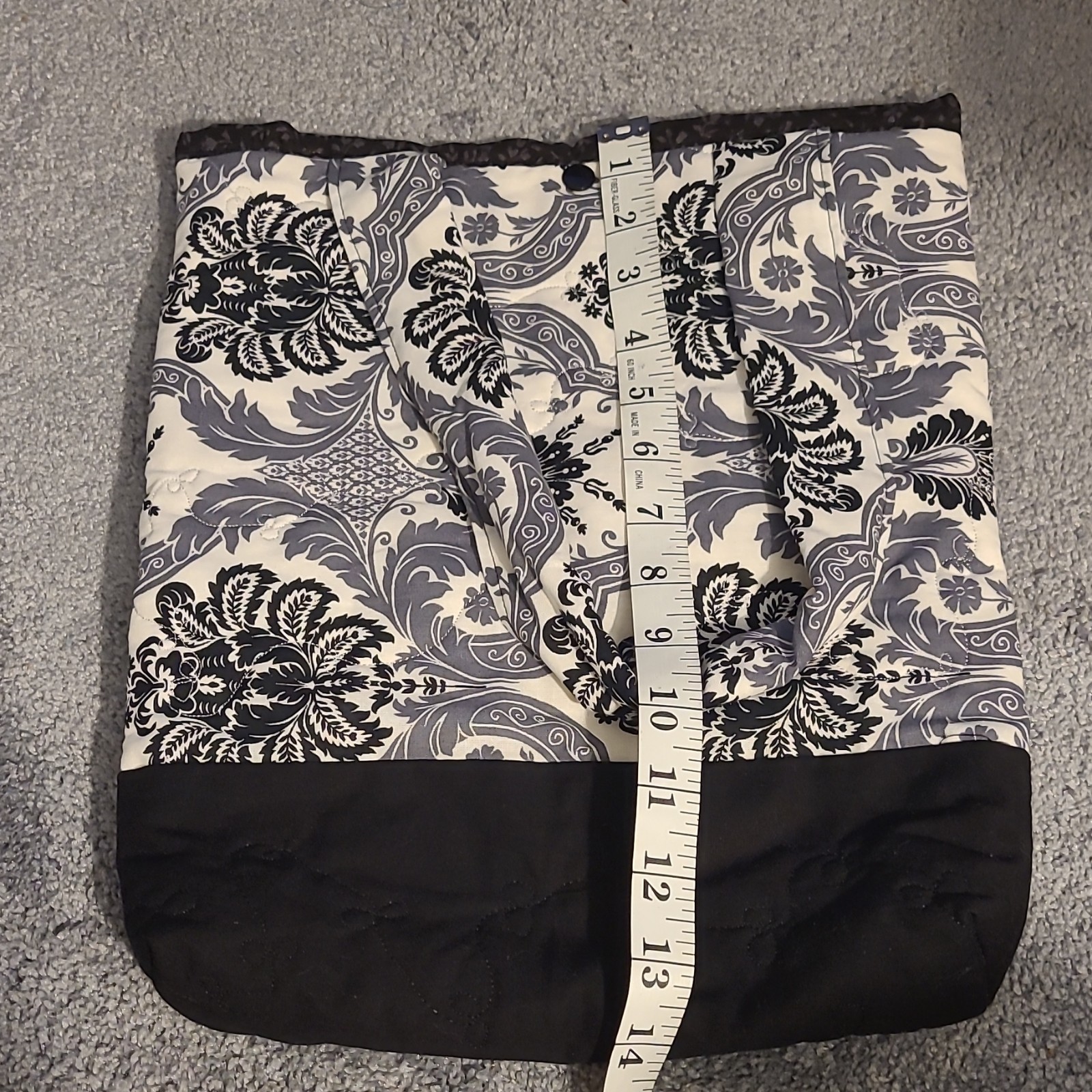 Black White Gray Floral Tote Bag, Snap Closure, Lined, Inner Pockets, Women
