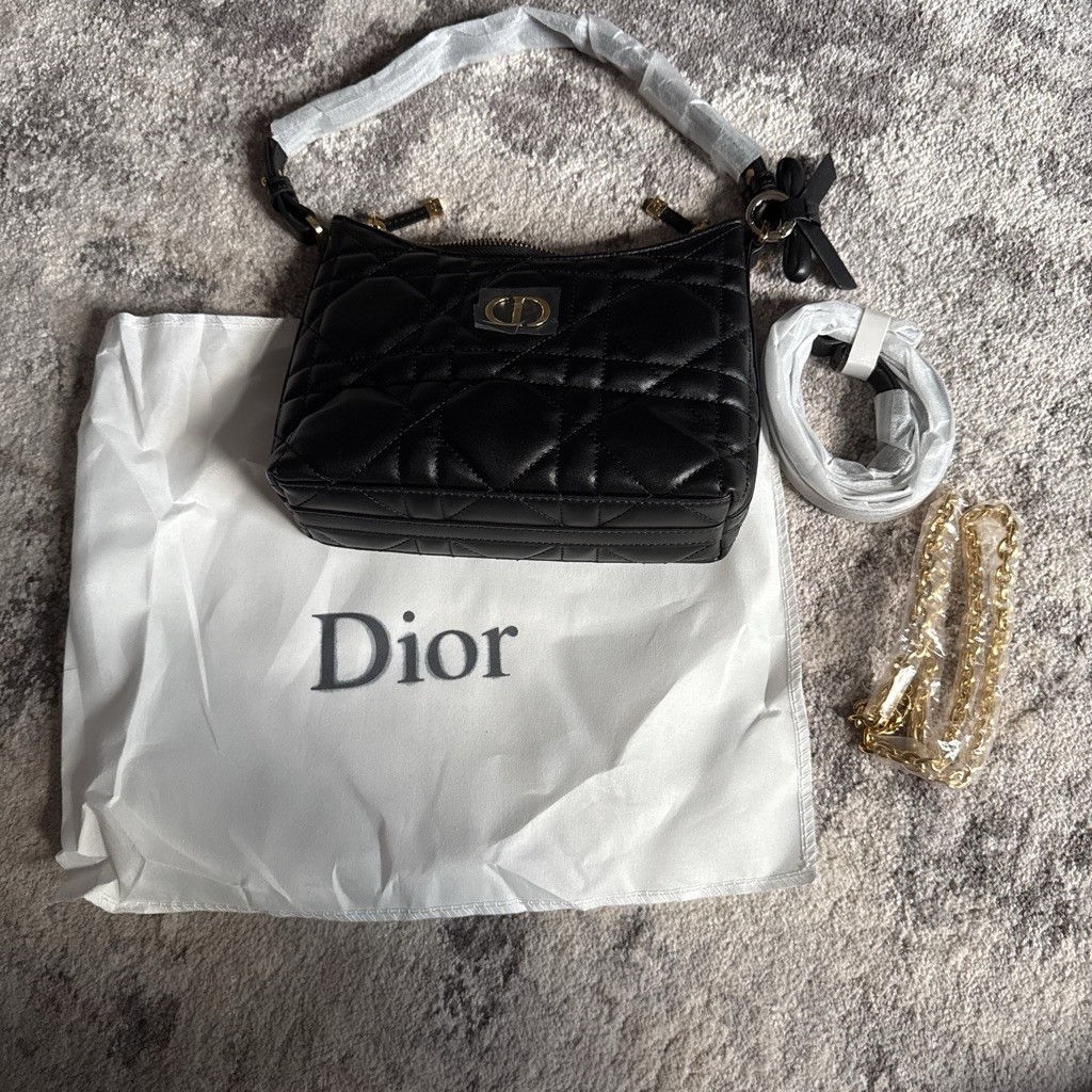 Dior Black Quilted Shoulder Bag Gold Hardware Crossbody Strap Zip Dust Bag