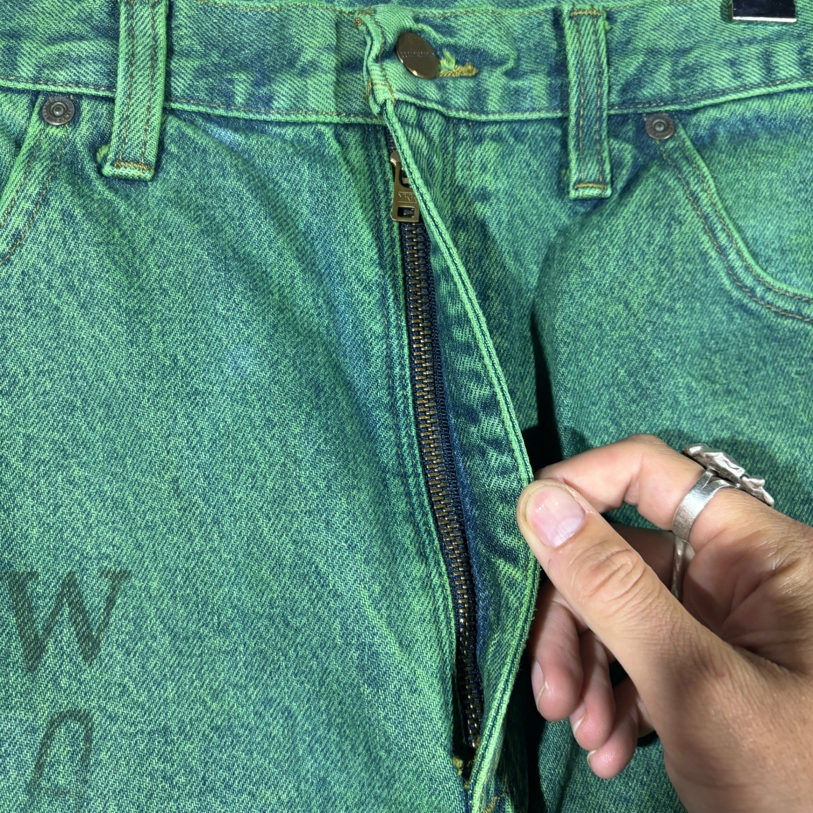 Carhartt Denim Jeans Men 35×32 B17 STW Relaxed Fit Green Hand Graphic Custom Dye