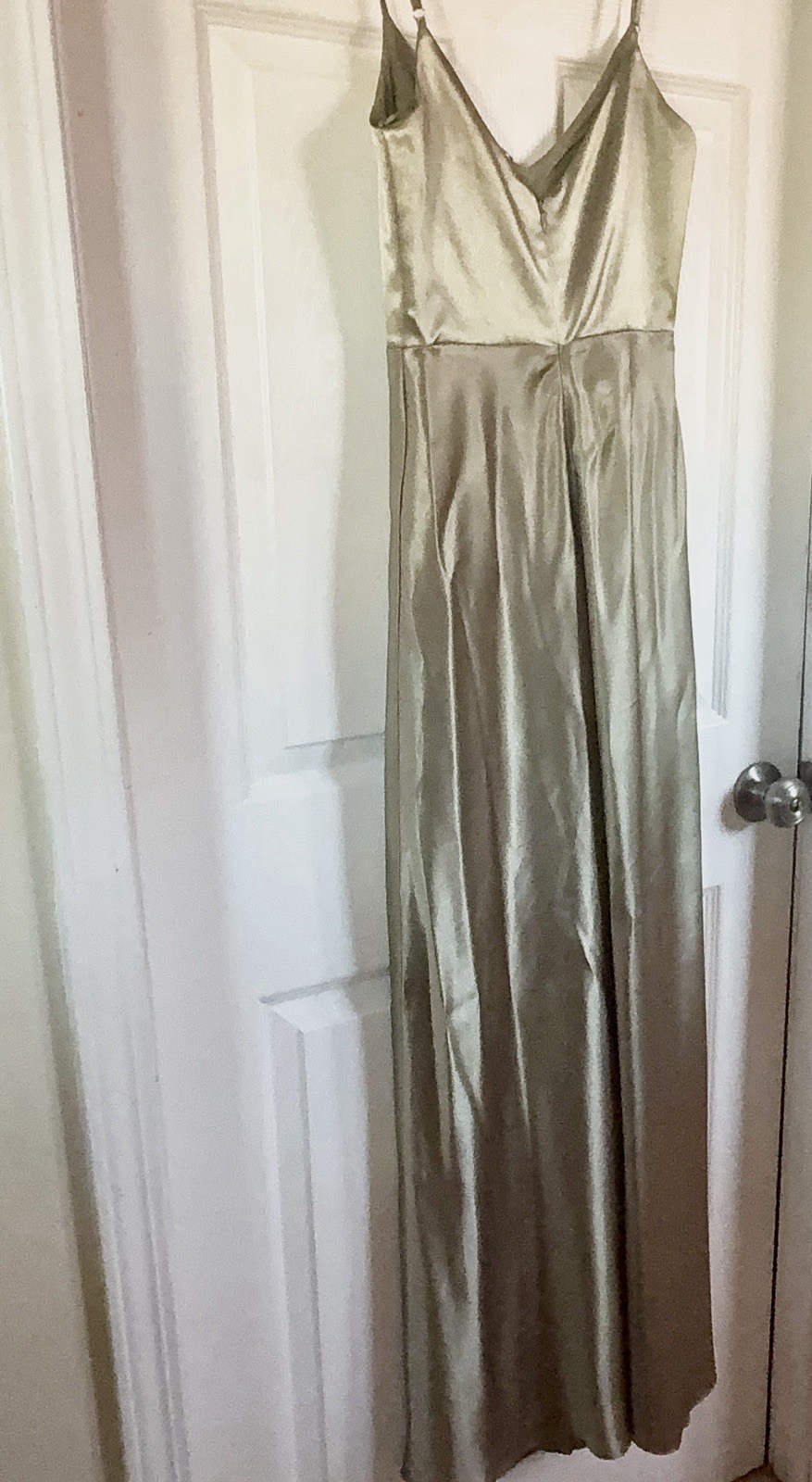 Birdy Grey Green Satin Maxi Slip Dress V-Neck Adjustable Spaghetti Straps XS
