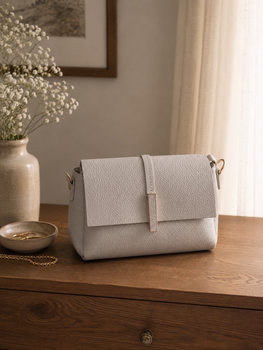 Ivory Beige Italian Leather Crossbody Bag, Small Minimalist Purse, Made in Italy