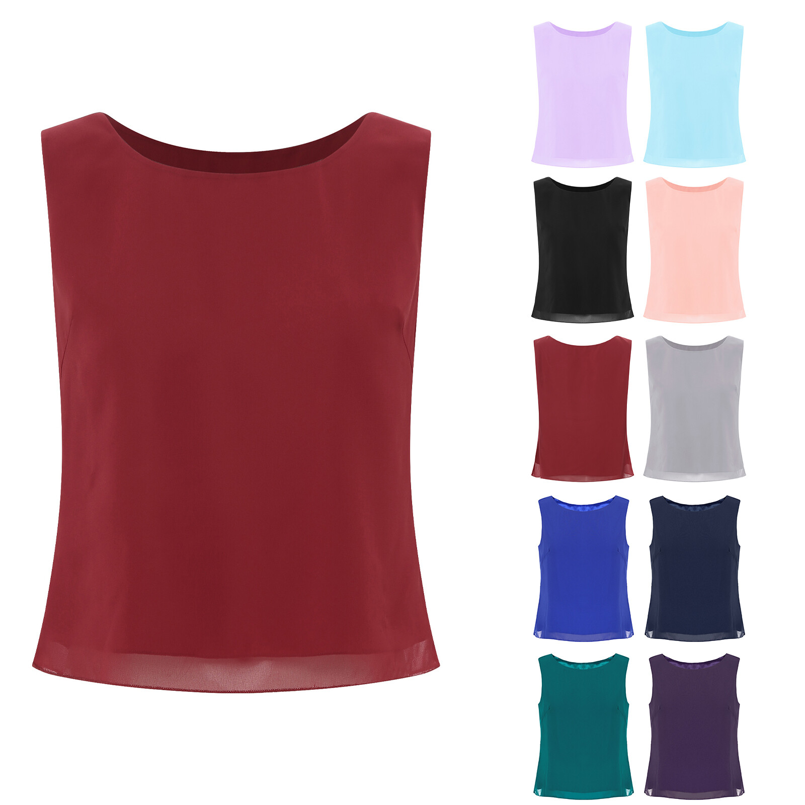 US Women Round Neck Vest Tops Summer Chiffon Layer Tank Top Loose Fit T-Shirts