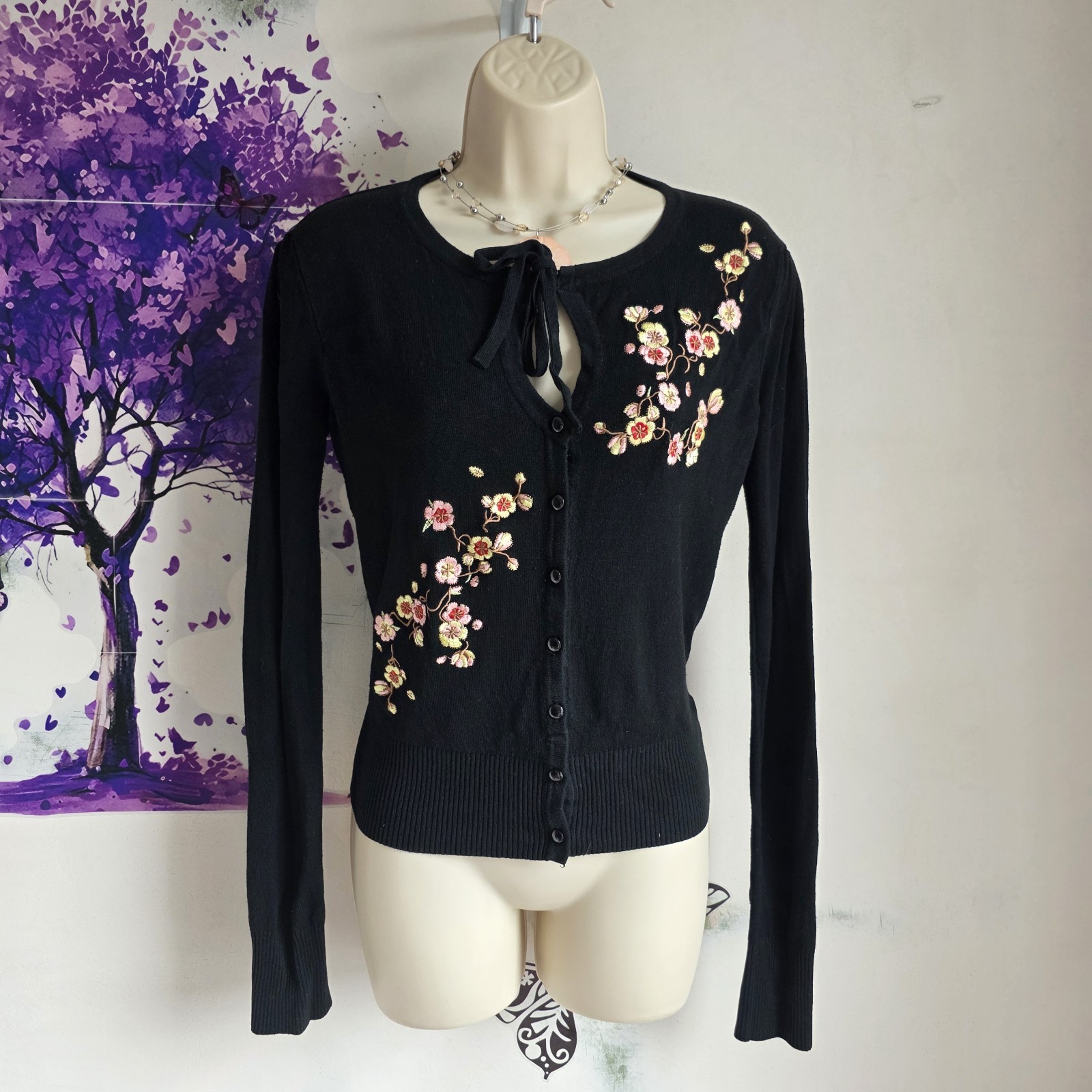 Dancing Days by Banned Retro Cardigan Black Embroidered Floral Blossom 12 14