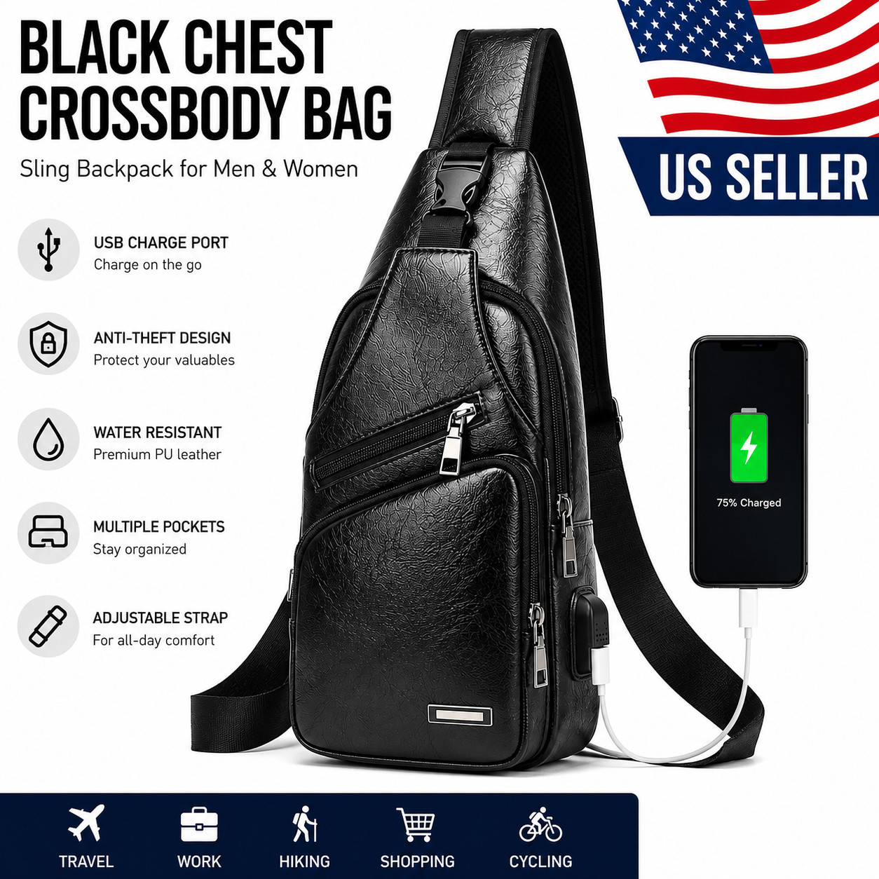 Mens Chest Shoulder Backpack Sling Cross Body Man Leather Satchel Travel Bag US