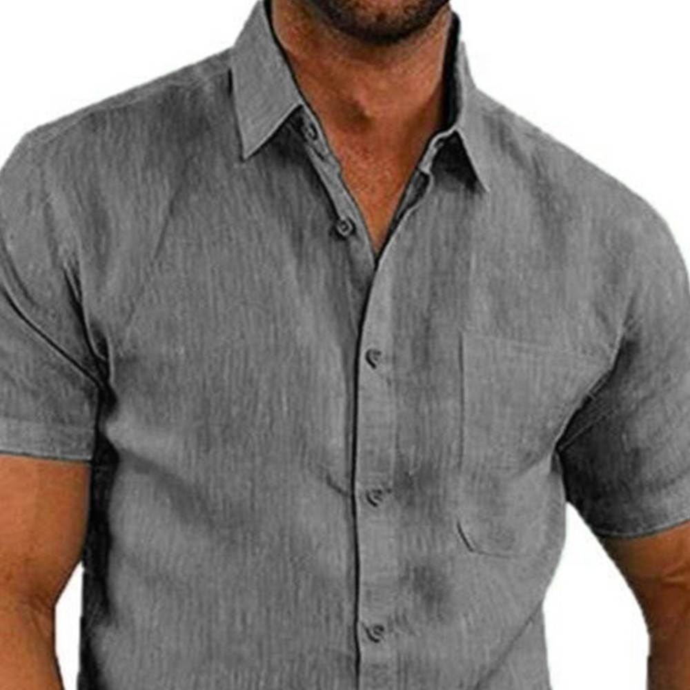 Mens Solid Short Sleeve Button Turn Down Collar Casual Blouse Casual T-shirt Top