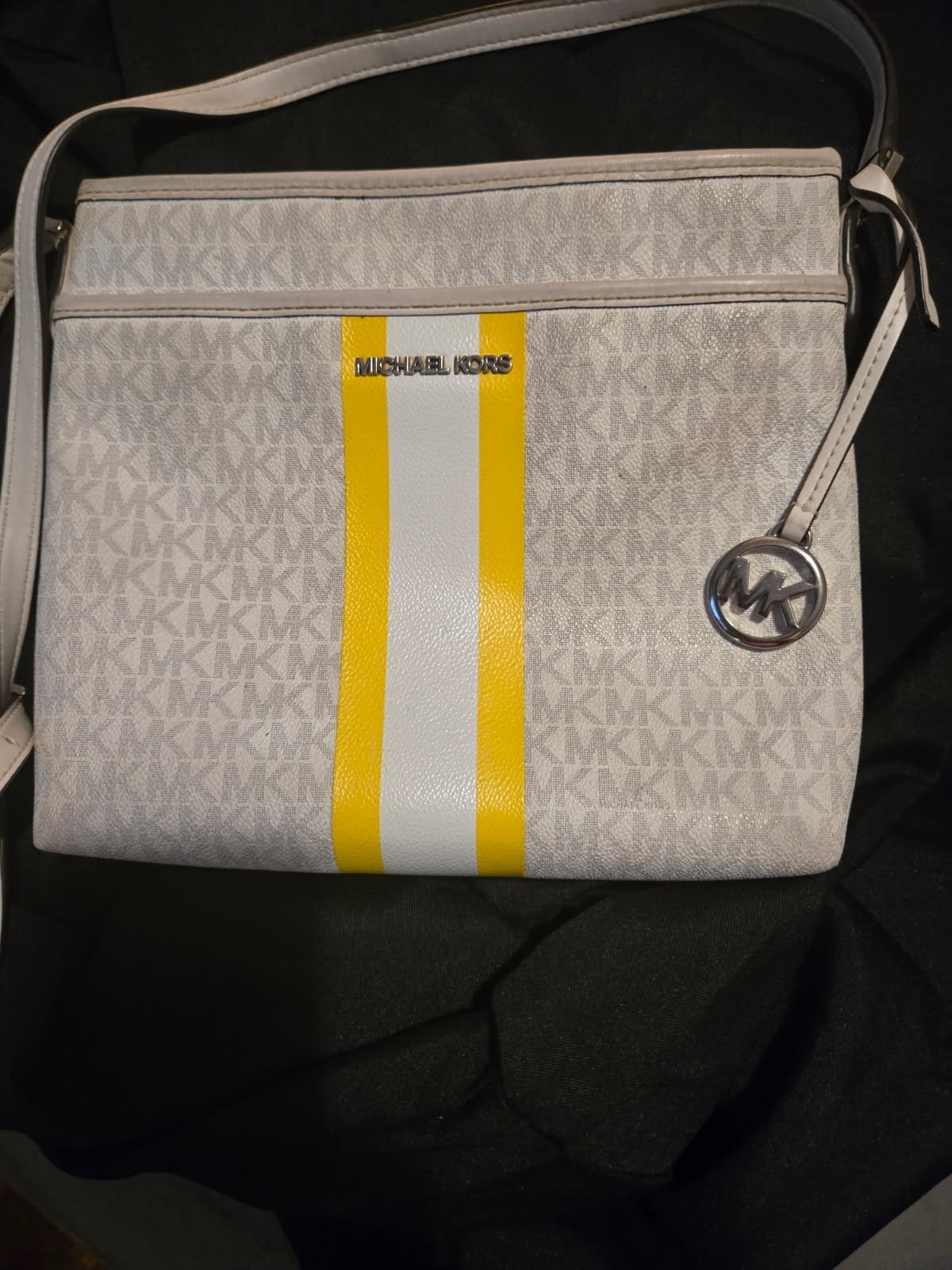 Michael Kors Monogram Crossbody Bag White/Yellow Stripe Zip Medium