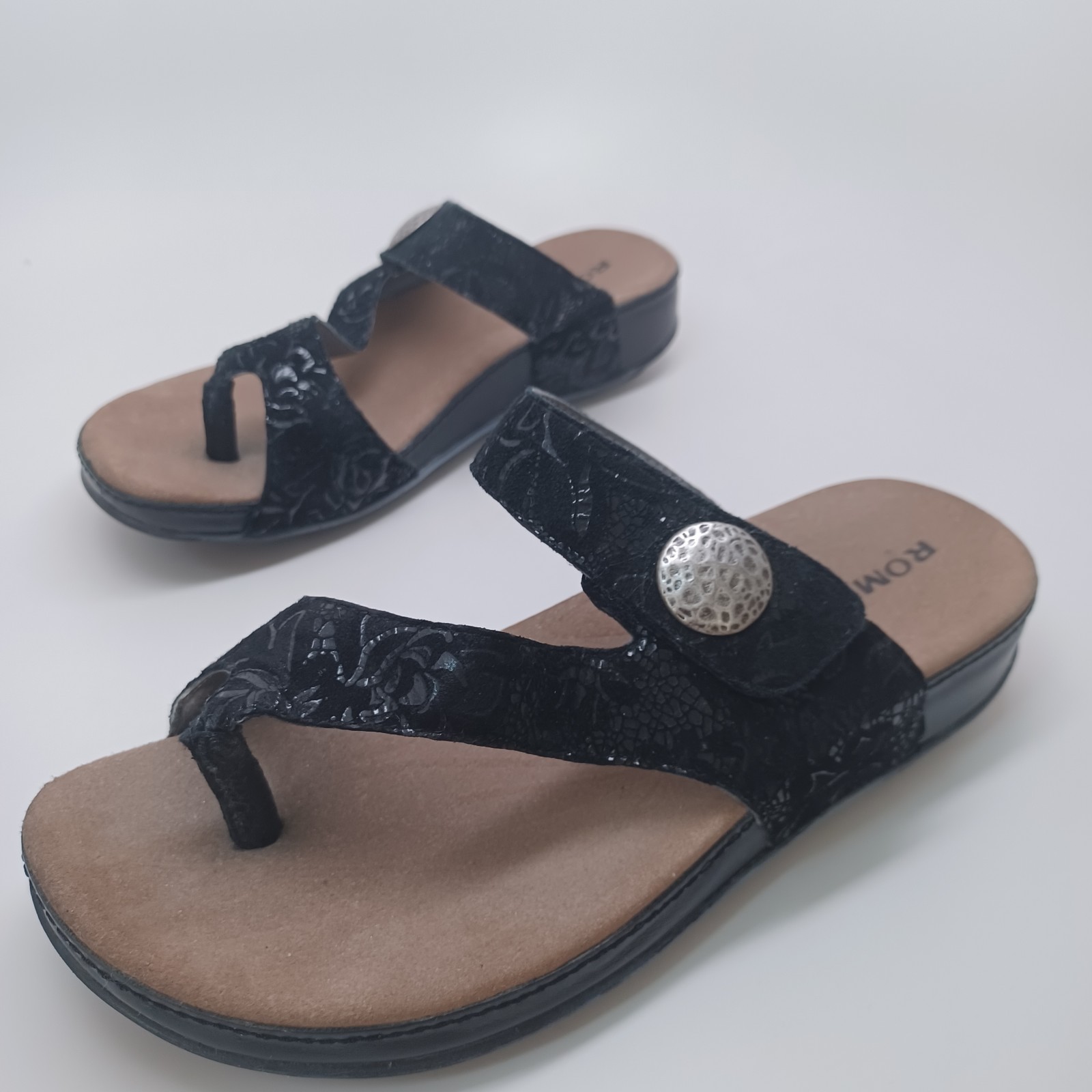Romika Sandals Black Velvet Leather Comfort Wedge Germany Womens 38 or US 7.5