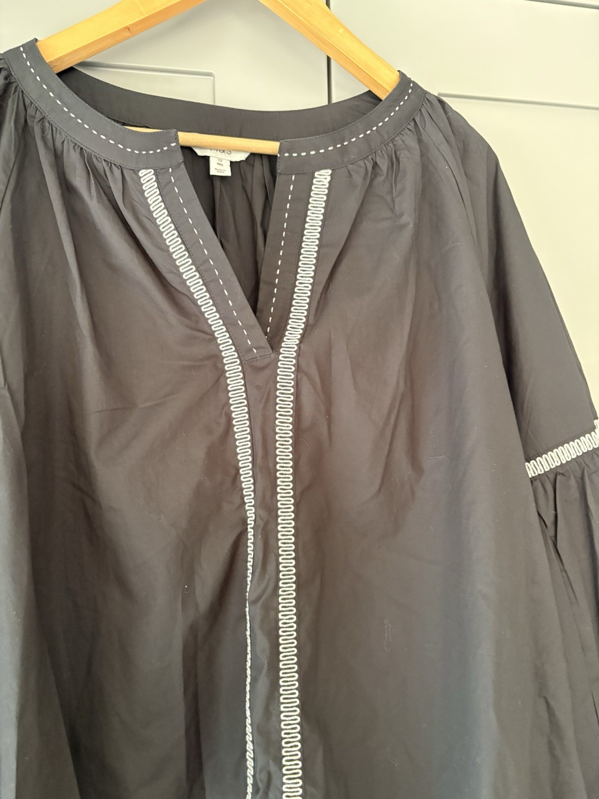 M&S 100% Cotton Black & White Embroidered Smock Top Size 12 Boho Blouse
