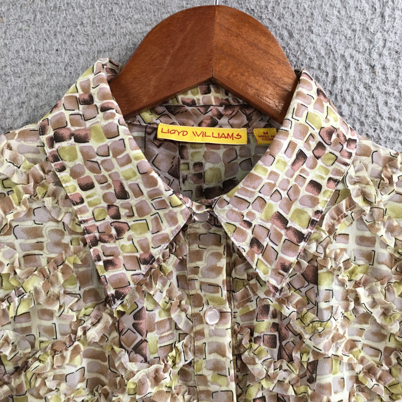Lloyd Williams Blouse Womens Medium Abstract Print Ruffle Button Up Brown Green