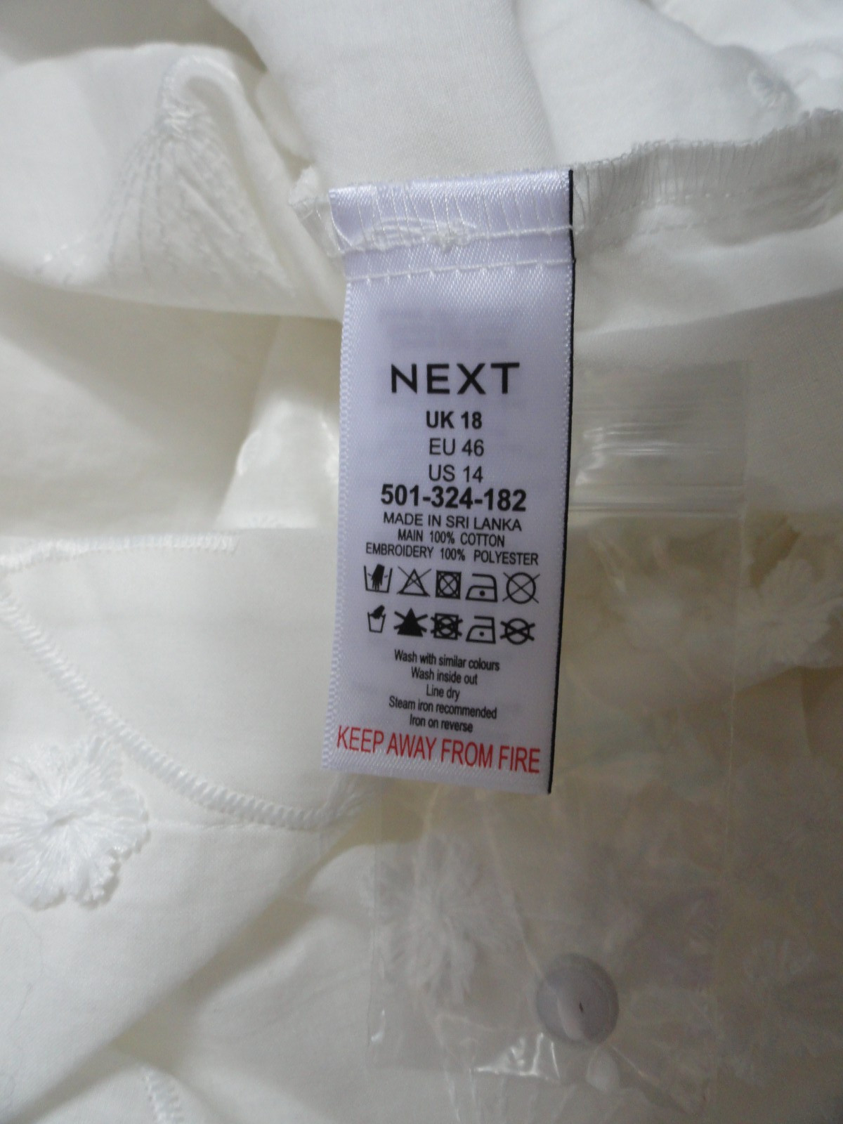 NEXT 100% COTTON WHITE EMBROIDERED BLOUSE SHIRT WOMEN’s Size 18 Eu46 NWOT FLOWER