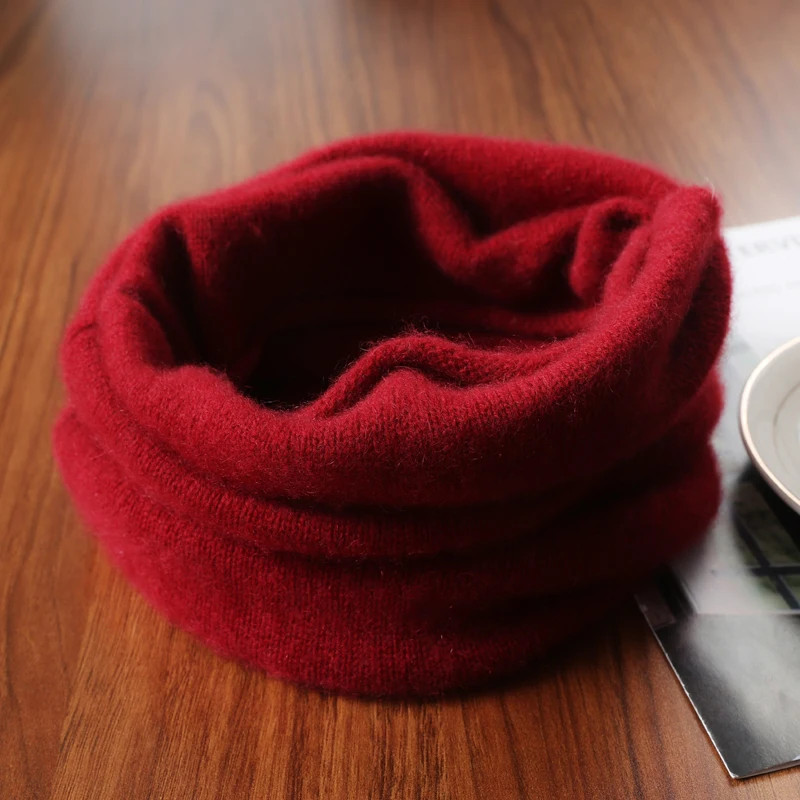 100% Pure Wool Knitted Ring Scarf Elegant Neckerscarf Female Soft Warm Cashmere
