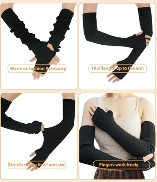 Warm Cashmere Long Arm Gloves for Women Cozy Winter Fingerless Gloves Black