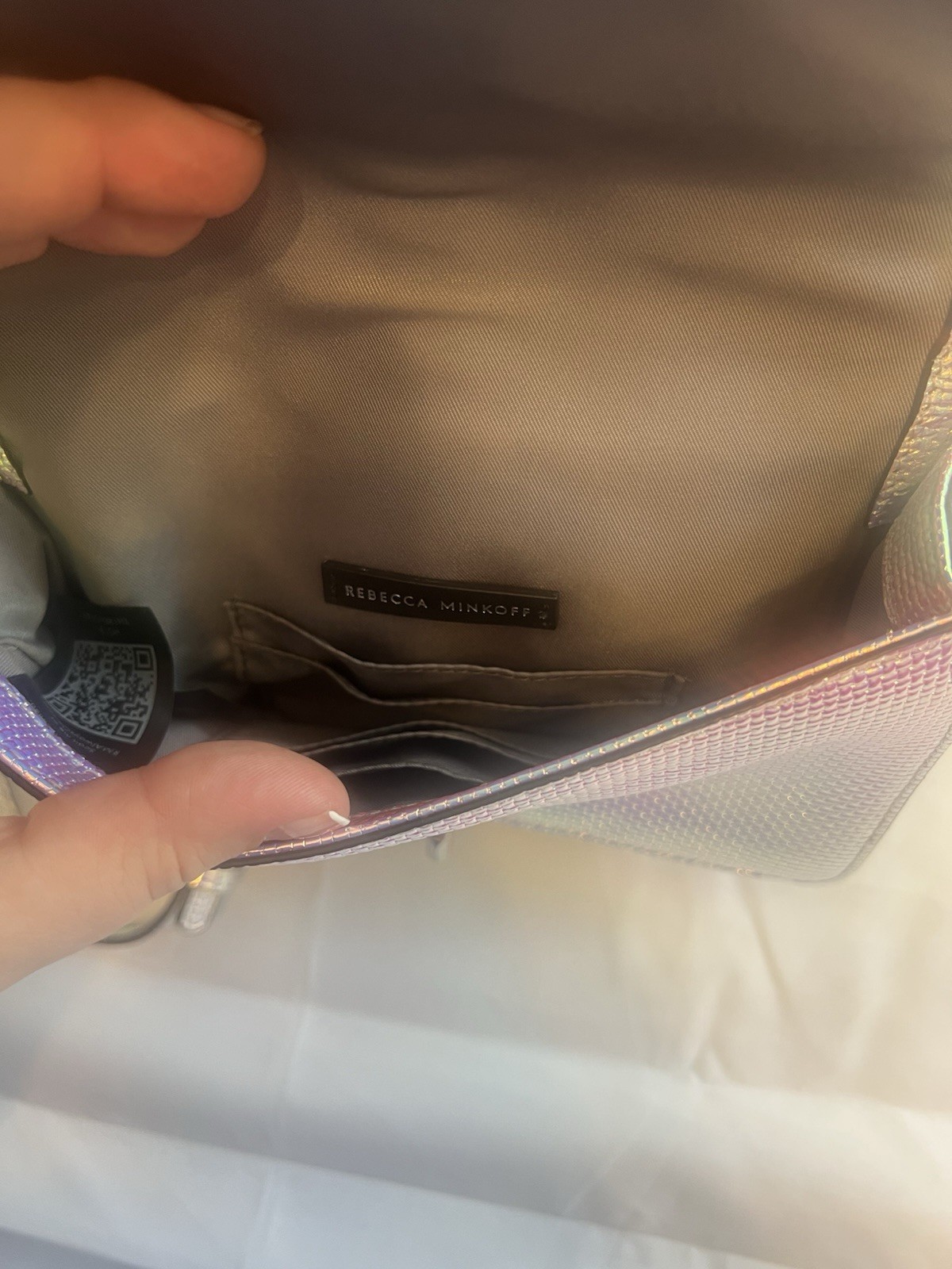 Rebecca Minkoff Iridescent Silver Crossbody Bag Turn Lock Chain Strap Detach