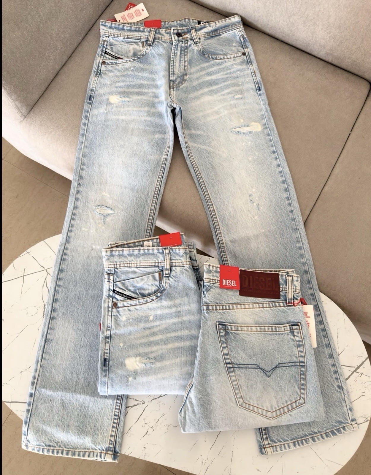 Diesel Men’s Light Blue Light Wash Distressed Skinny Denim Jeans, Mid Rise