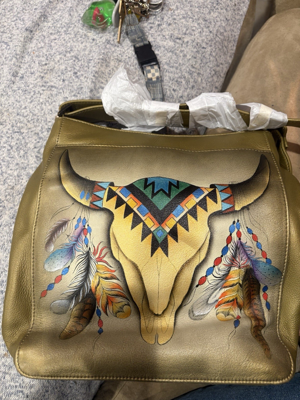 Anuschka Painted Gold Animal Shoulder Bag Zip Closure Inner Pockets Dust Bag