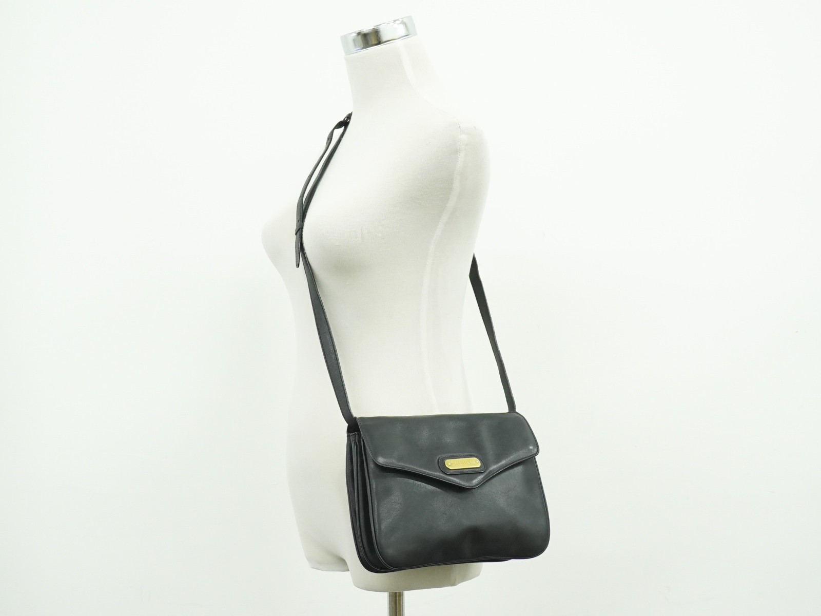 CELINE Leather Shoulder Crossbody Bag Black Gold