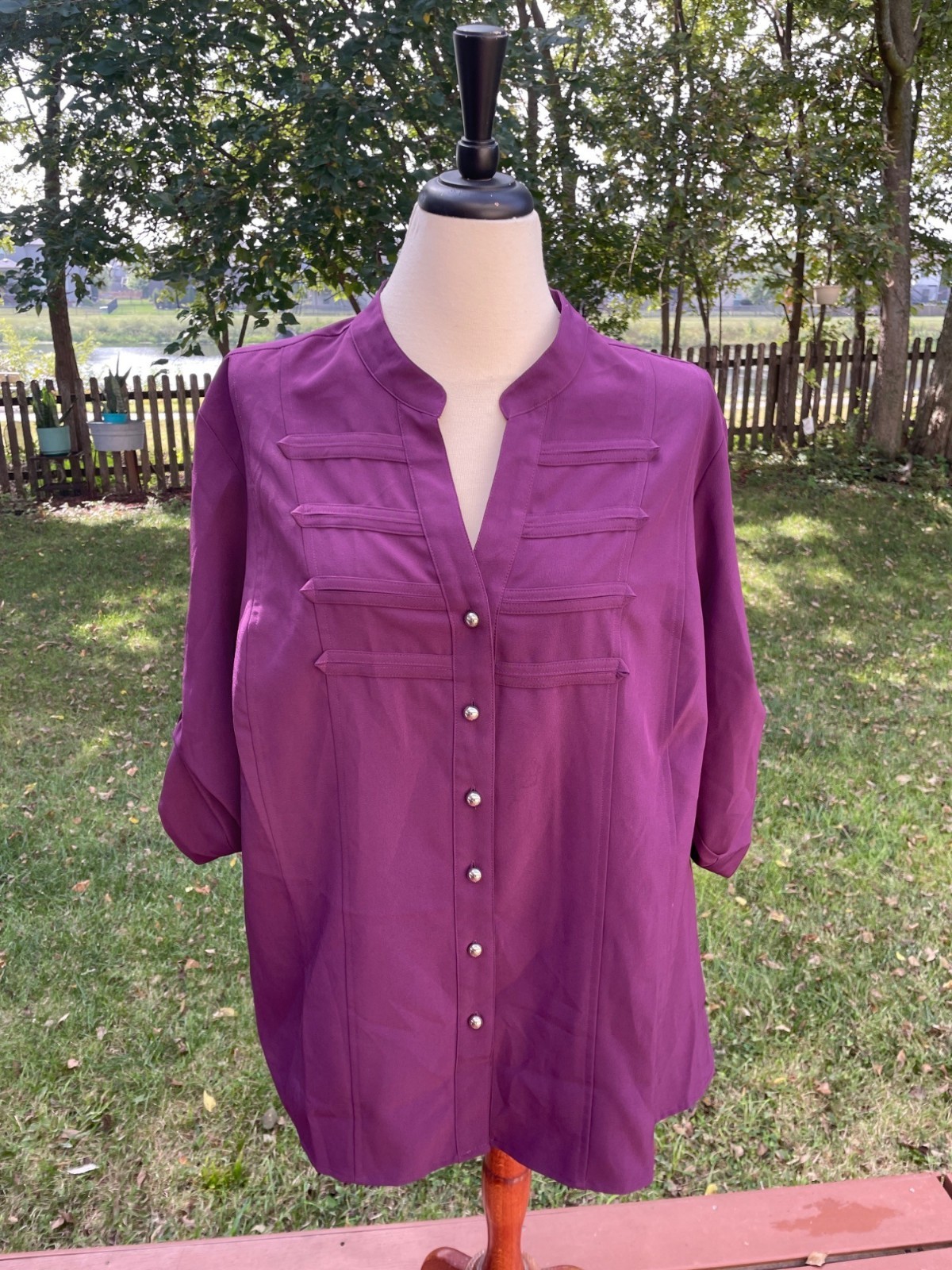 Stretch Womens Blouse 18/20 Purple Polyester/Spandex Button-Front Cathy Che Plus