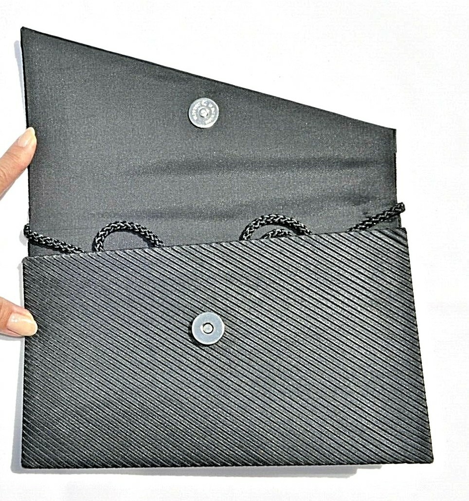 BLACK CLUTCH PURSE SATIN FABRIC WITH CROSSBODY STRAP LA REGALE BRAND EUC