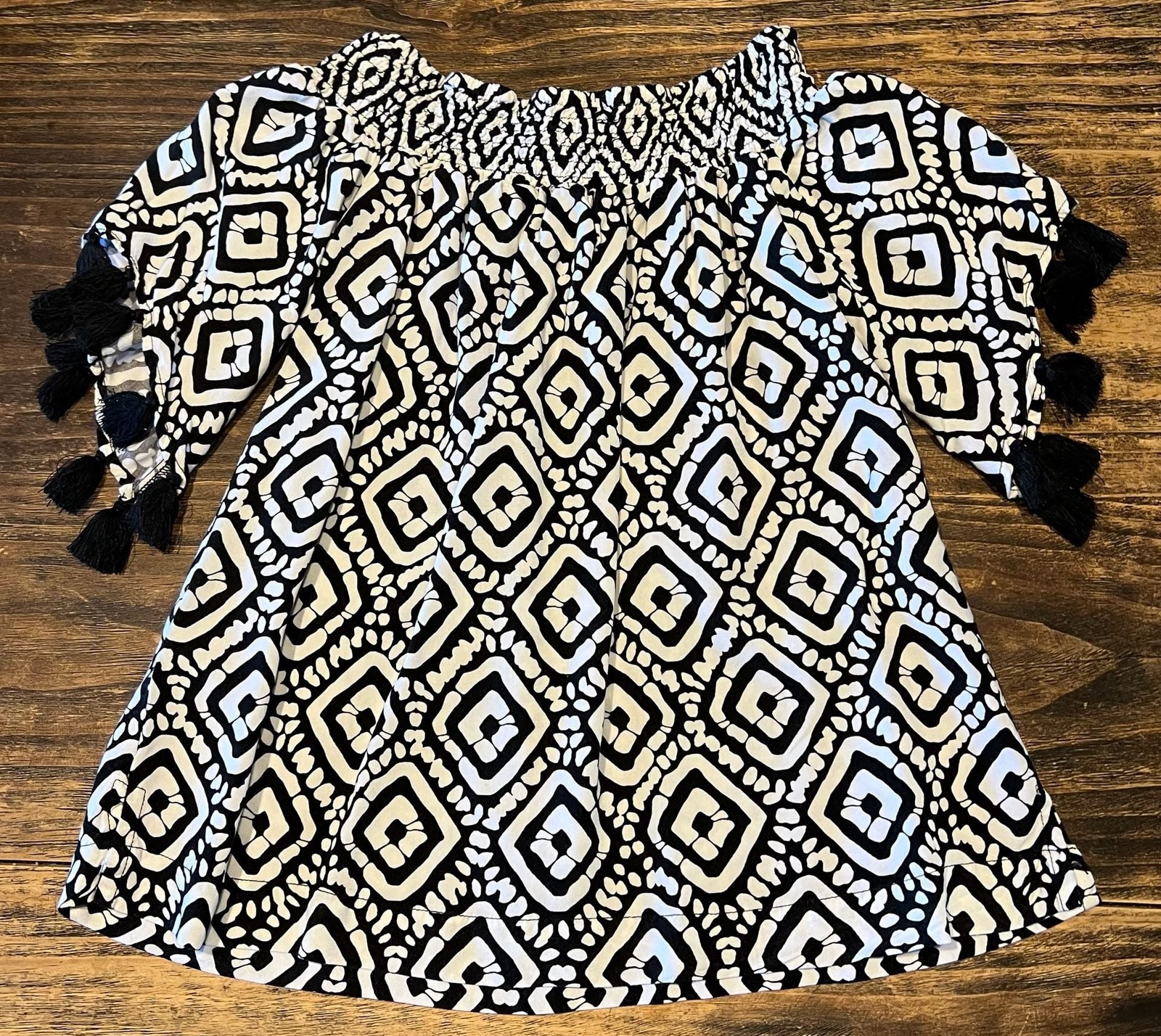 Escapada Living Smocked Geo Print Tassel Sleeve Blouse