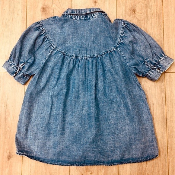 stonewashed denim Button-Down Shirt gathered cinched beach preppy blouse top