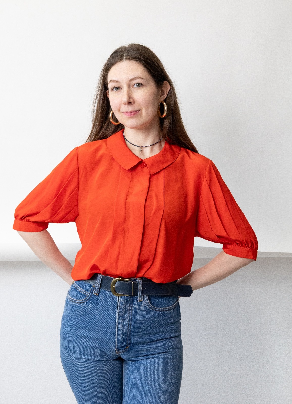 Vintage 80s 90s Tomato Red Blouse Peter Pan Collar Puff Sleeve Coquette Womens S