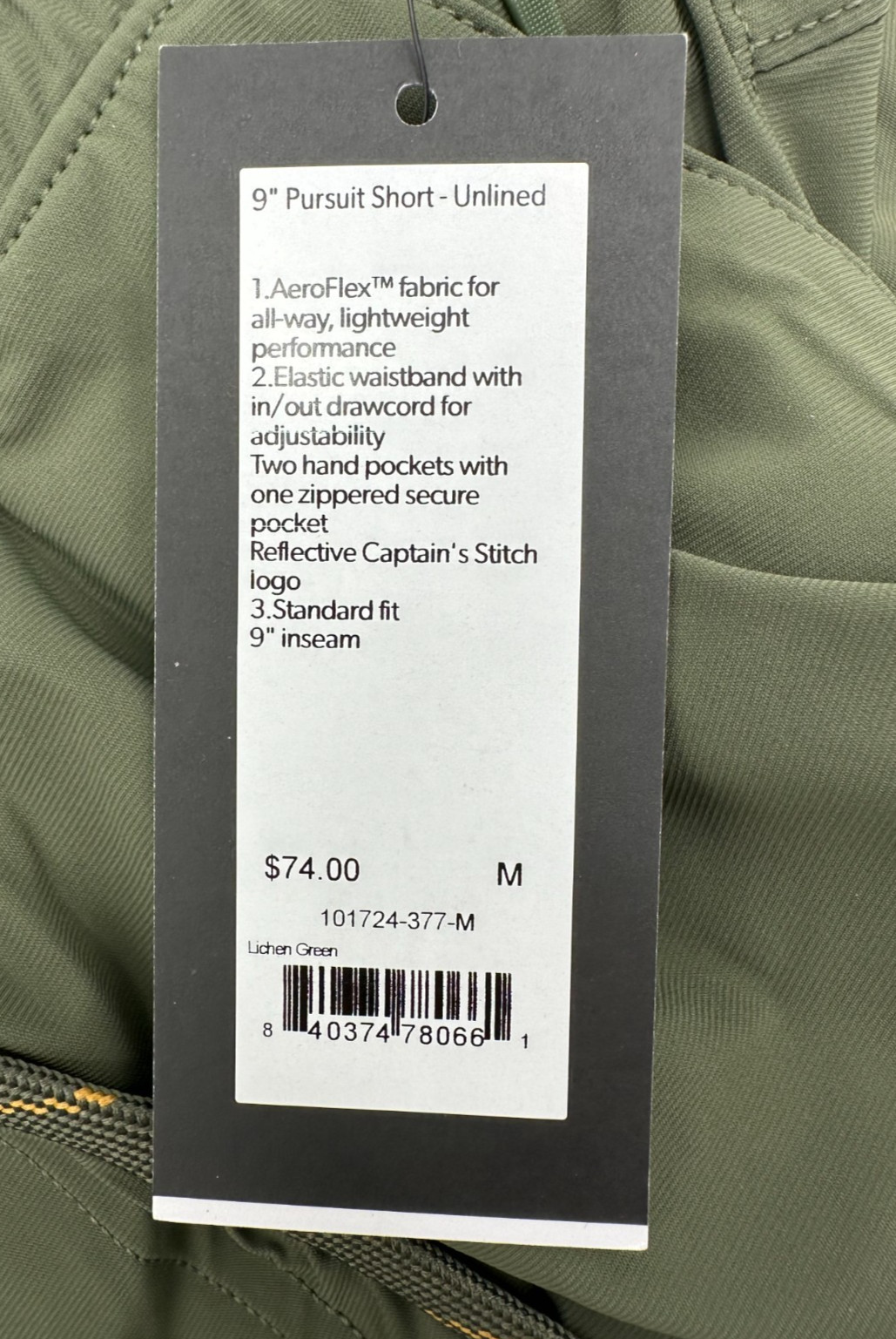 $74 RHONE Men’s Unlined Pursuit Shorts 9″ – Lichen Green – Medium -New With Tag