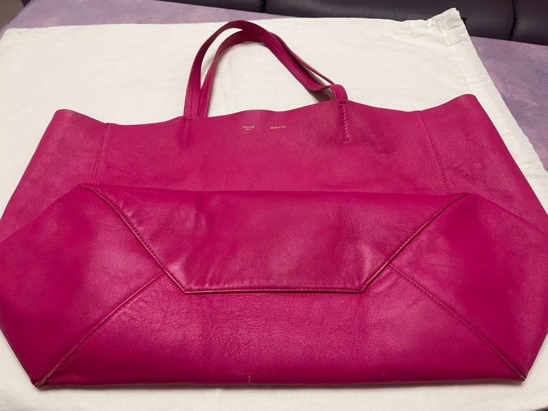 CELINE Paris Horizontal Cabas Leather Tote Fuchsia Pink Auth W/Tag From Japan